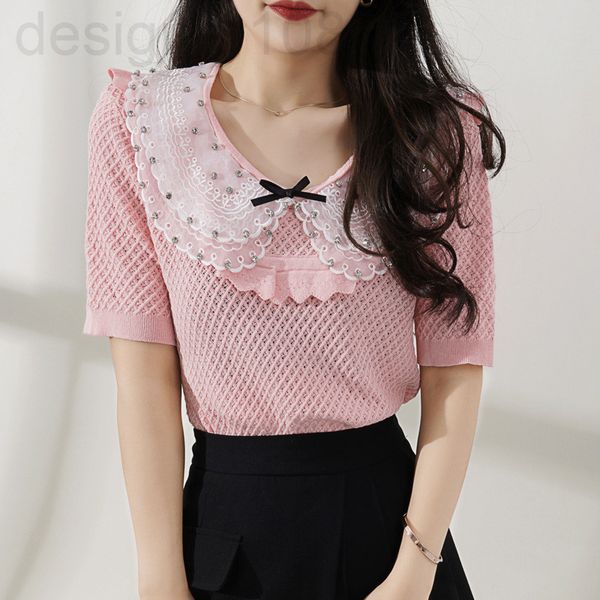 

women's knits & tees designer []summer lace doll collar heavy industry drill bow thin short sleeve pink sweater blouse women q7y0, White