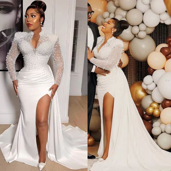 

2022 mermaid wedding dresses pearls beaded bridal gown long sleeves sweep train satin side slit custom made plus size beach vestido de novia, White