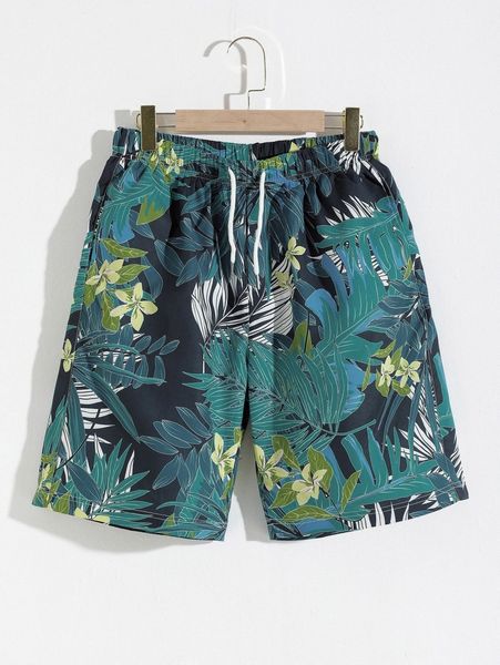 

men tropical print drawstring waist shorts t7md#, White;black