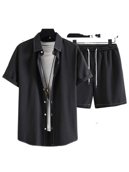 

men button front shirt & drawstring waist shorts without tee k2xb#, Gray