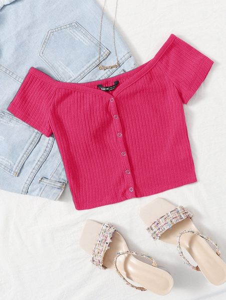 

off shoulder buttoned front rib-knit w5xg#, White