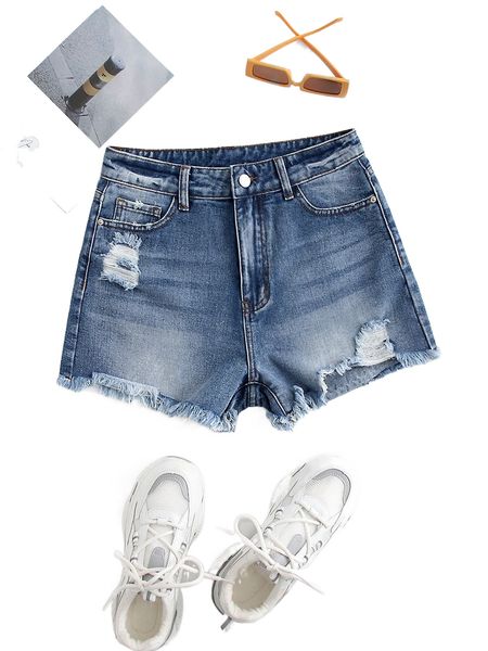 

ripped raw hem denim shorts l3z6#, White;black