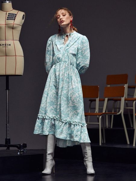 

x new little wings floral print tie neck frill trim ruffle high low hem dress n4r9#, Black;gray