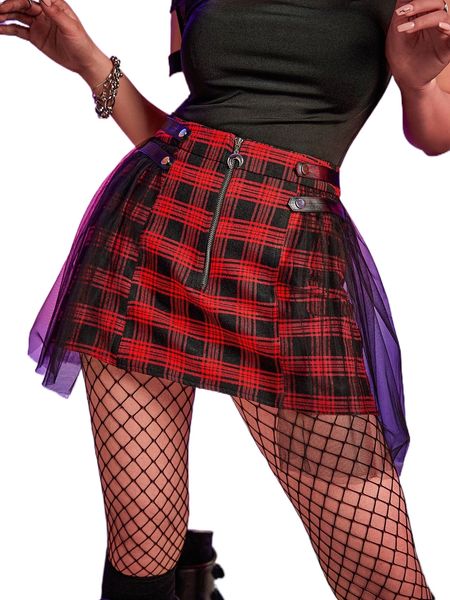 

tartan print zipper front contrast mesh skirt 086g#, Black