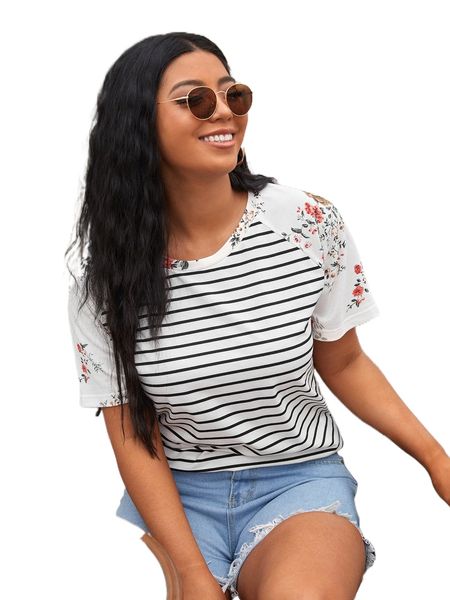 

plus floral raglan sleeve striped tee t3bi#, Black