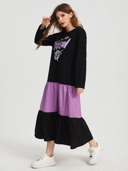 

letter graphic two tone ruffle hem dress e6qp#, Black;gray