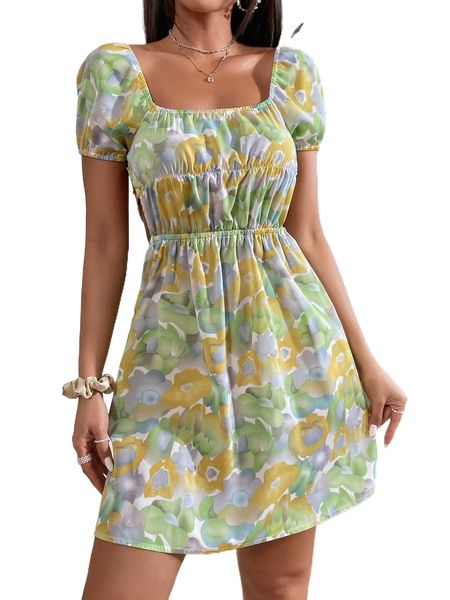 

allover floral print ruched bust tie backless dress b1ep#, Black;gray