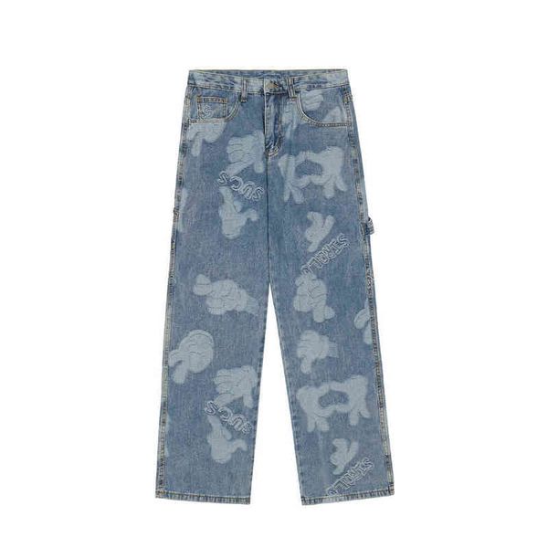 

korean fashion palm jacquard retro washed men baggy jeans trousers hip hop straight women wide denim pants for teens pantnes t220803, Blue