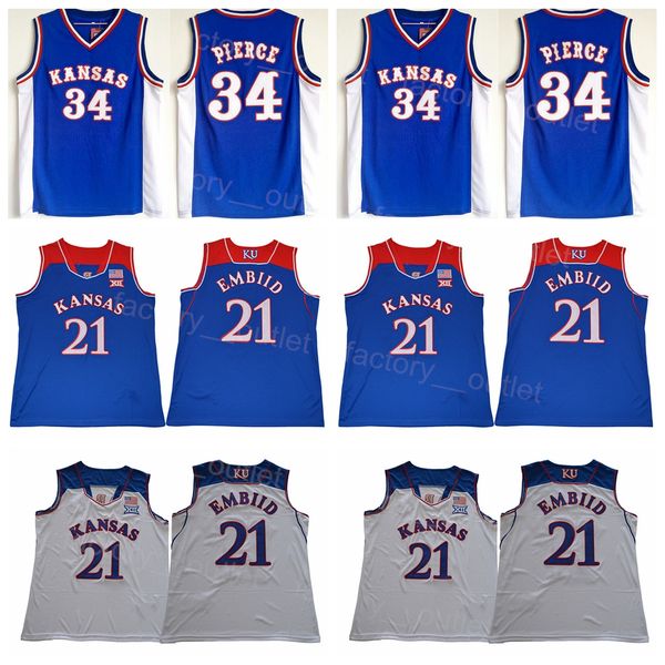 NCAA College Basketball Kansas Jayhawks Joel Embiid Trikot 21 Paul Pierce 34 University Blau Weiß Teamfarbe reine Baumwolle atmungsaktiv Top-Qualität im Angebot Größe S-XXL