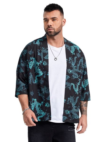 

extended sizes men dragon print three quarter sleeve shirt t5nl#, White;black