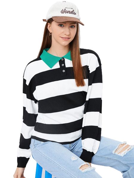 

striped pattern half button placket sweater w93i#, White;black