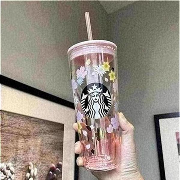 

starbucks pink sakura goddess double glass straw cup large capacity drinking cup 591ml264k247d