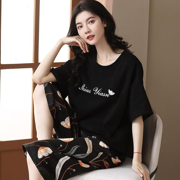 

summer elegant women womens sleepwear floral pajama sets short capris knitted cotton black femalepajamas lounge pijama mujer, Black;red