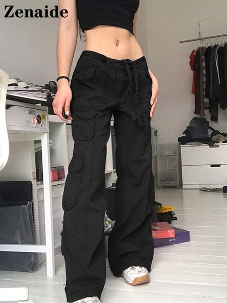 Zenaide Goth Cargo Pants Y2K Donna Oversize Grunge Grigio Vita bassa Tasche larghe Cachi Jeans larghi Vintage Streetwear Nero L220816