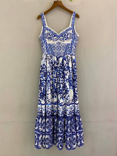 

2022 spring summer new suspender lace blue and white porcelain dress, Black