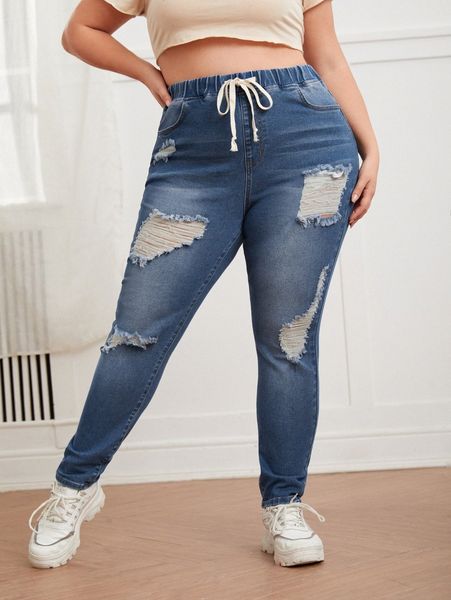 

plus drawstring waist ripped skinny jeans l8hd#, Blue