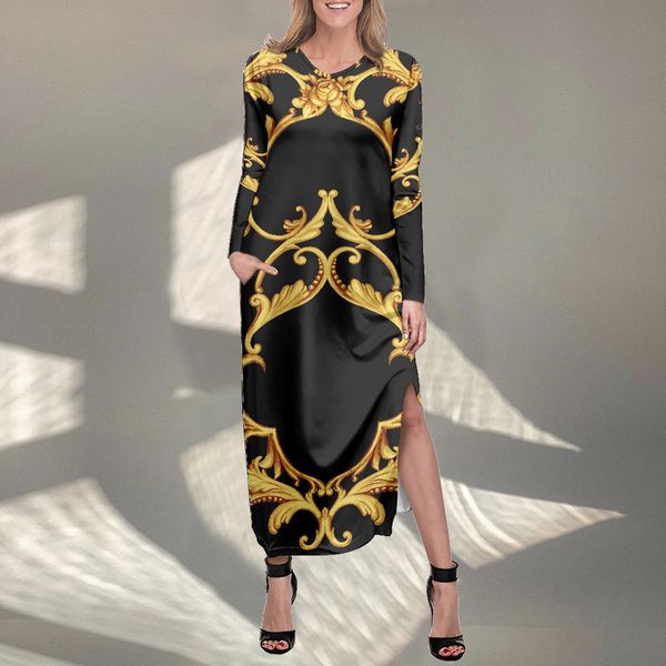 Noisydesigns халаты женские роскошные золотые узоры в стиле барокко леди 4XL юбка с длинными рукавами и разрезом для девочек Vestidos Manga Larga Mujer 220627
