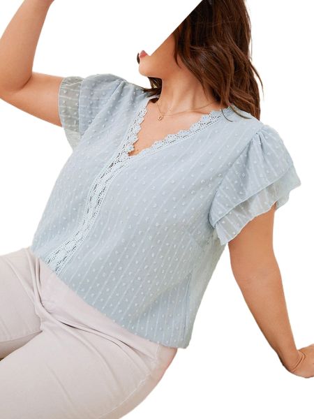 

plus swiss dot contrast lace blouse e8qs#, Black