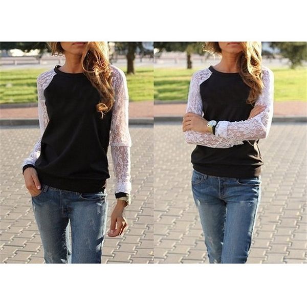 

2022 designer new autumn sweet style lady lace sleeves women pullover women casual o-neck hoodies solid color wholesale, Black