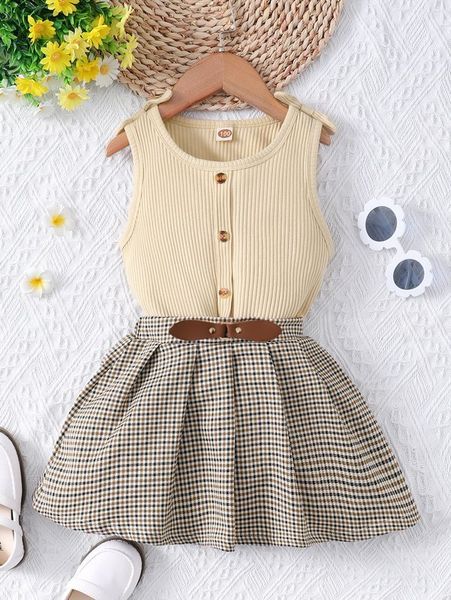 

the little girl's front bow vest and chiffon print button pleated skirt she, White