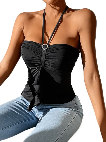 

petite ruched bust ruffle trim tie back halter x4uv#, White