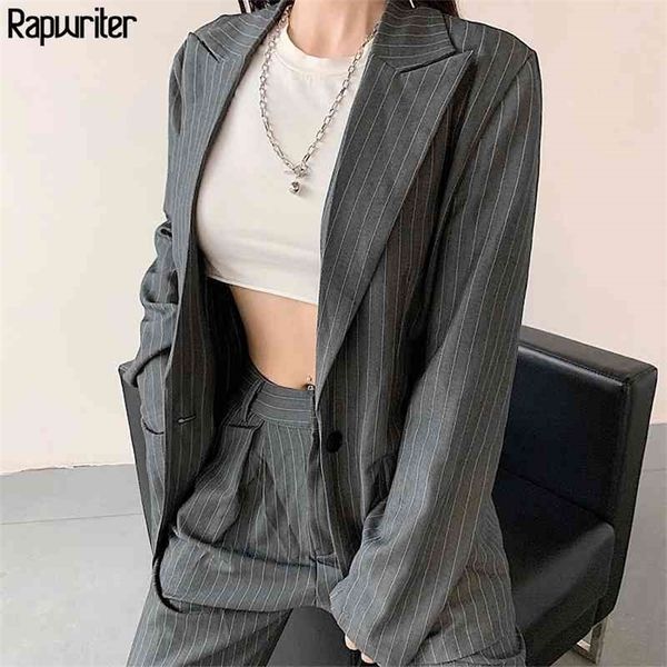 

rapwriter streetwear striped blazer and straight high waist suit pant two piece suit set women outfits trend clothes female 210331, White