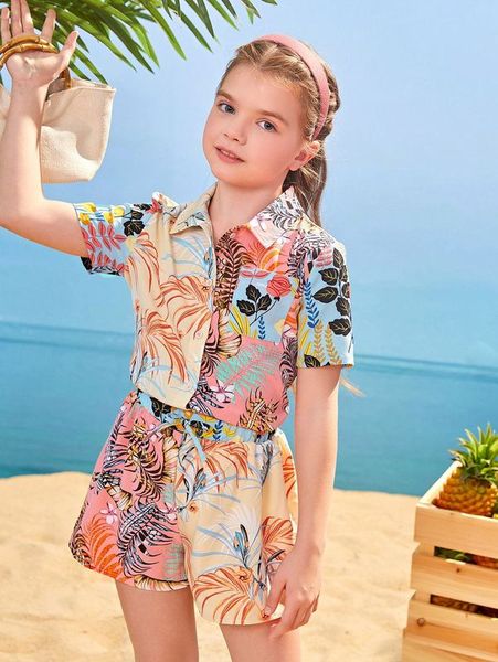 

girls floral print blouse and shorts set she, White