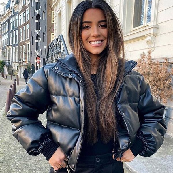 

zoki winter thick women short parkas warm fashion pu leather coats black cotton padded female down jacket elegant zipper clothes l220725