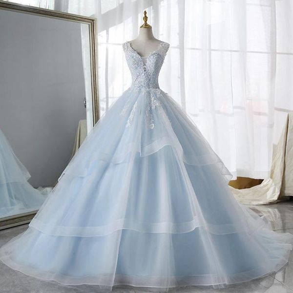 Altri abiti da sposa Abito da spiaggia 2022 Azzurro cielo interno con doppia balza in pizzo Scollo a V profondo Senza schienale A-line Abiti da sposa Vestido De Noiva