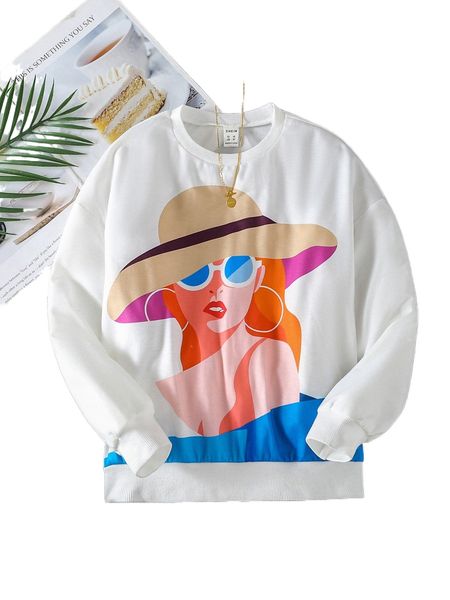 

girls figure print drop shoulder sweatshirt s9mz#, Black;white