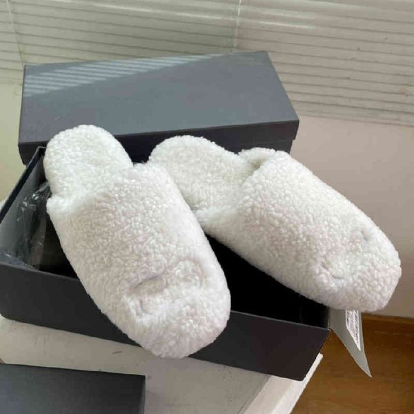 

sandals autumn and winter real wool half slippers b home embroidered flat bottomed couple paris letter lamb wear outside, Black