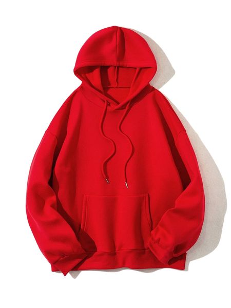 

solid drawstring drop shoulder kangaroo pocket hoodie m2mb#, Black