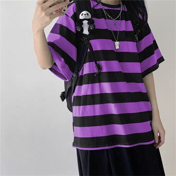 

women tshirts harajuku goth punk stripe print short sleeve loose clothes oversized t shirt female hip hop tee shirt 220526, White