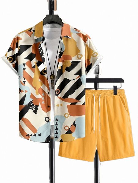

men random geo print shirt & drawstring waist shorts r2jn#, Gray