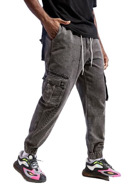 

romwe y2k revival guys flap pocket jogger jeans w12l#, Blue