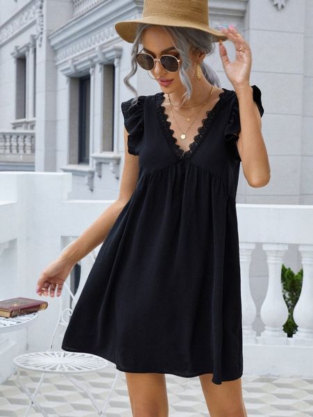 

guipure lace insert ruffle trim smock dress 50u6#, Black;gray