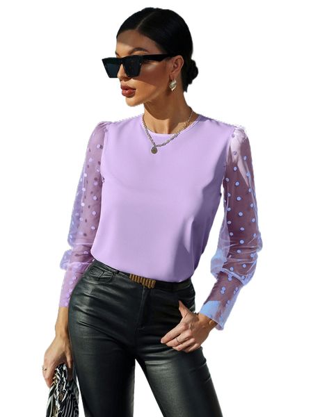 

dobby mesh panel blouse o466#, White