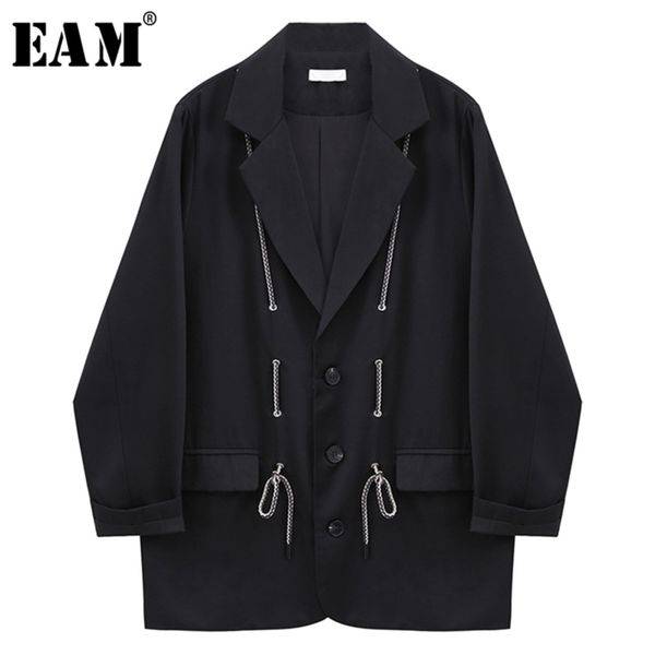 

eam women black bandage split big size blazer lapel long sleeve loose fit jacket fashion spring autumn 1x138 y201026, White;black