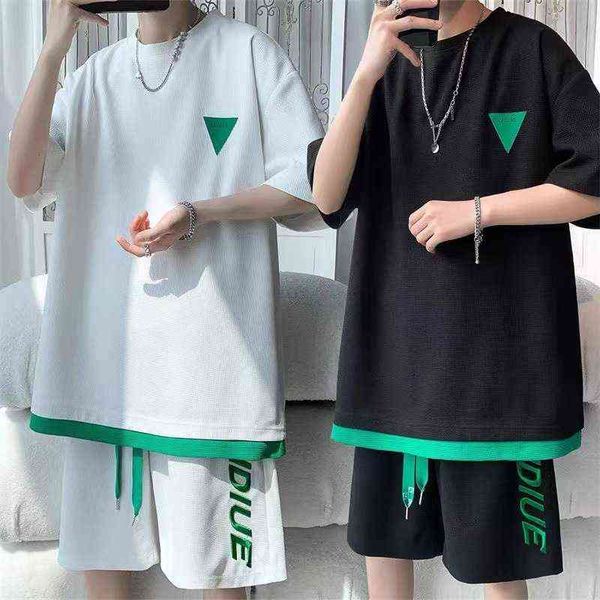 

casual sportswear is fashionable and versatile sports suit men's summer waffle fashion brand short sleeve t-shirt two-piece shorts a of, Gray