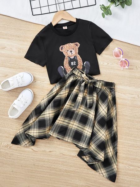 

girls bear print tee & plaid asymmetric hem belted skirt she, White