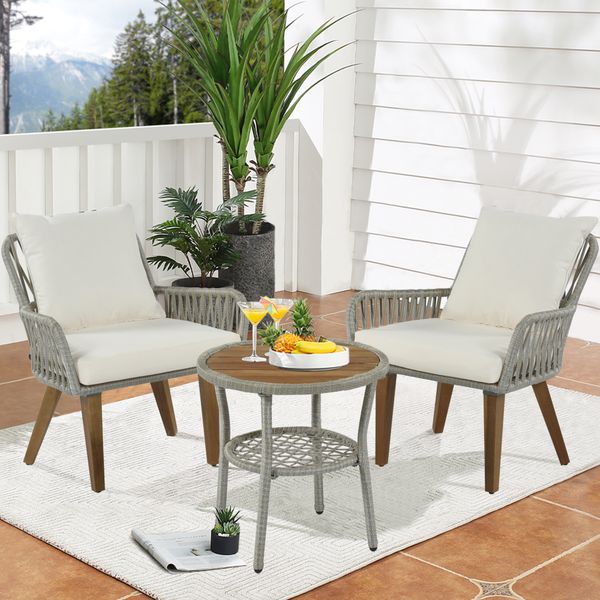 

3 piece bistro set woven rope with wood table and balcony cushion grey rope fabric