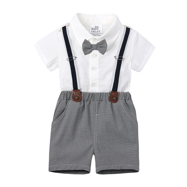 Camicia da ragazzo per bambini Set di abiti formali Estate Neonati maschi Fiocco Gentiluomo Festa di nozze Regola pantaloncini con bretelle Costume per bambini 1-5 anni