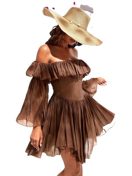 

off shoulder ruffle trim trumpet sleeve dress y5s5#, Black;gray