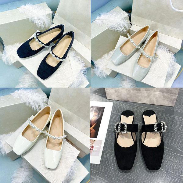 

designer shoes luxury womens sandals classic ballet shoes pearl chains leather rubber sandal fashion slippers flip-flops, Black