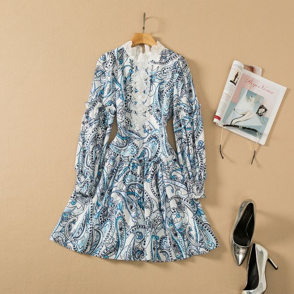 

european and american women's wear spring 2022 new long sleeve hollow-out embroidery stand collar mosaic printing blue dress, Black;gray