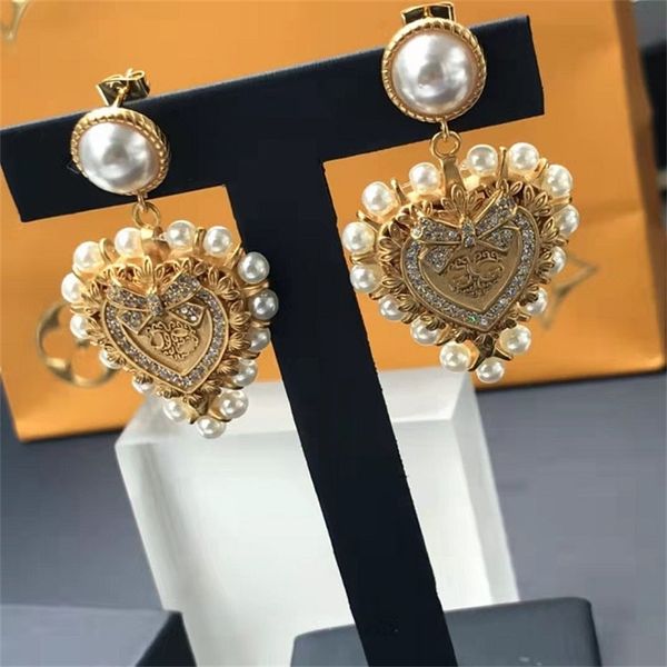 

fine new letter love pearl high sense brass 925 silver needle earrings, Golden