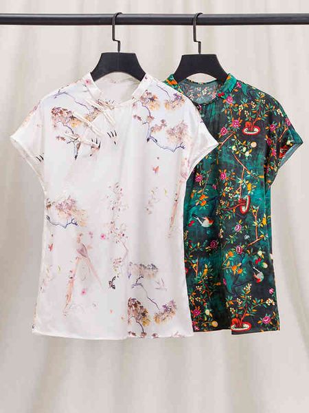 

women's polos chinese style retro printed improved cheongsam button lady xia gui foreign silk small shirt short sleeve, White