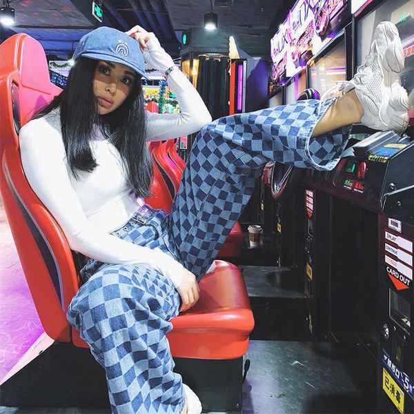 

autumn jeans plaid pants plaid fun ins hip hop female wide leg fashion harajuku bf vintage lattice punk ulzzang 210608, Blue