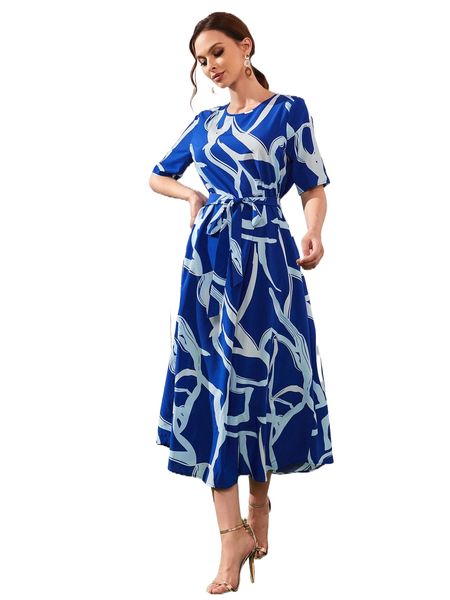 

allover print belted dress g8cv#, Black;gray