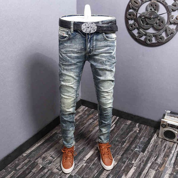 

men's jeans high street fashion youth scratch men's slim little feet elastic korean brand personalized denim pants gn90, Blue